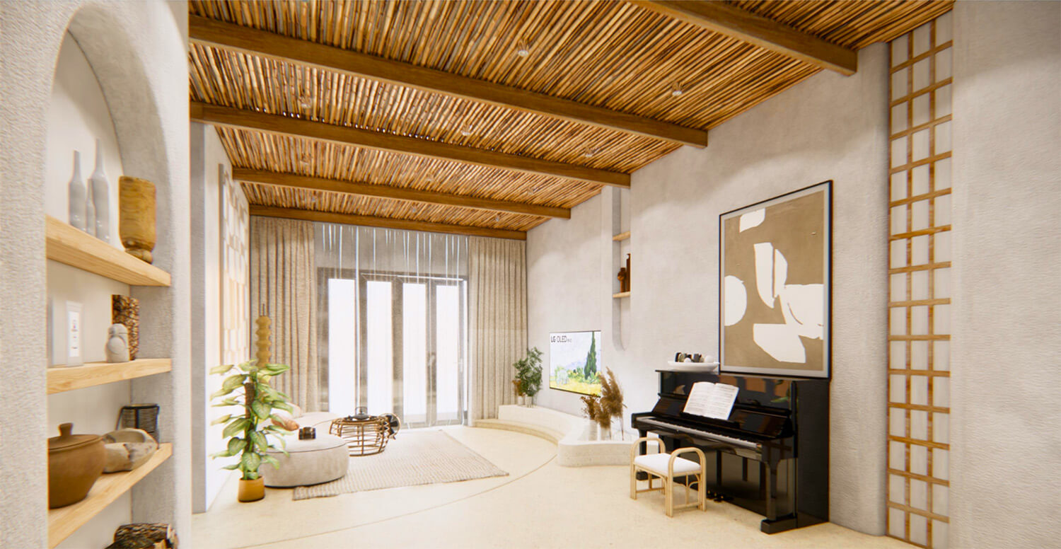 Phối cảnh chung cư cao cấp theo phong cách Wabi Sabi. Nguồn: Cựu sinh viên Tạ Tuyết Hồng Hạnh