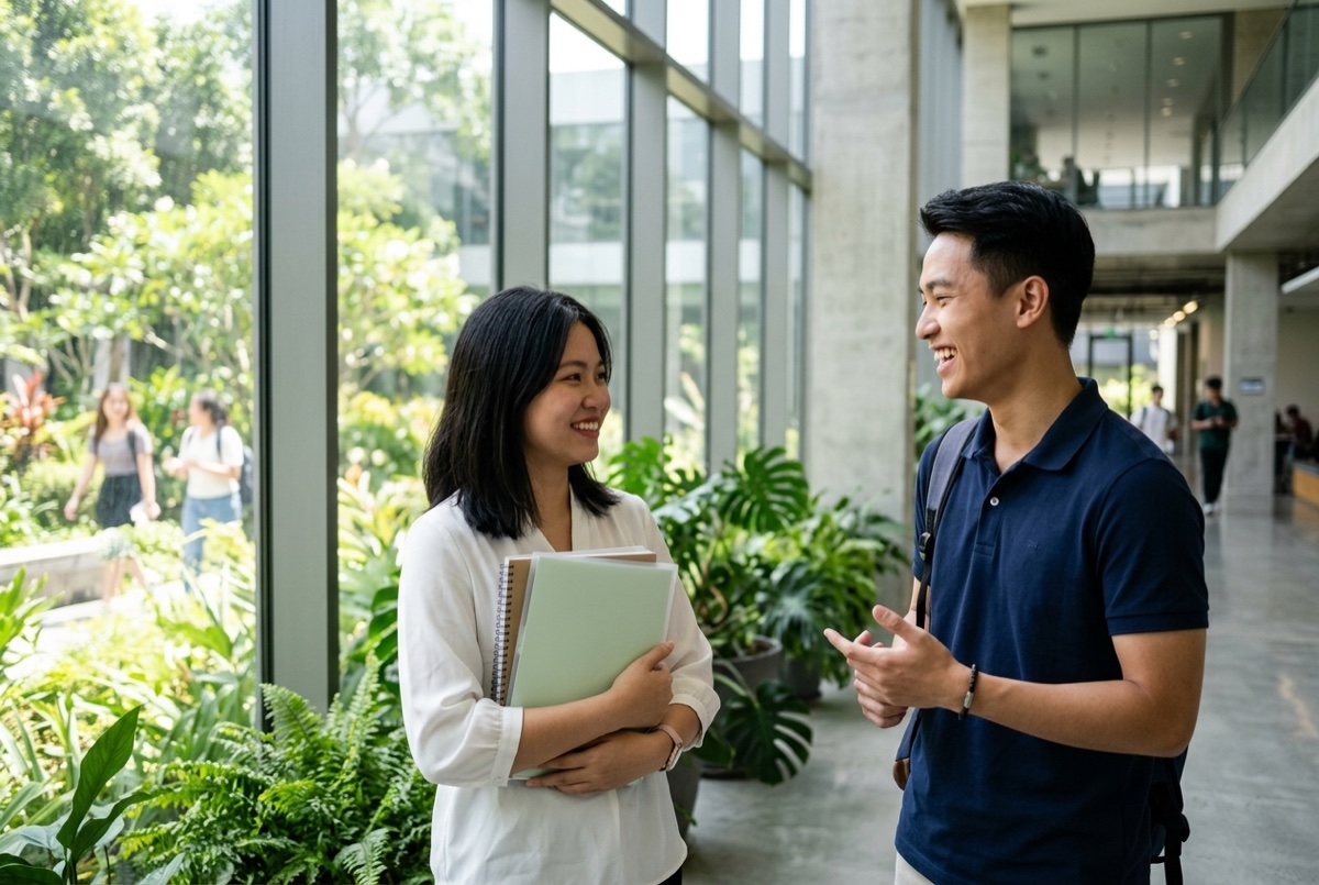Hai sinh viên trò chuyện, xây dựng mối quan hệ – nền tảng của quan hệ công chúng