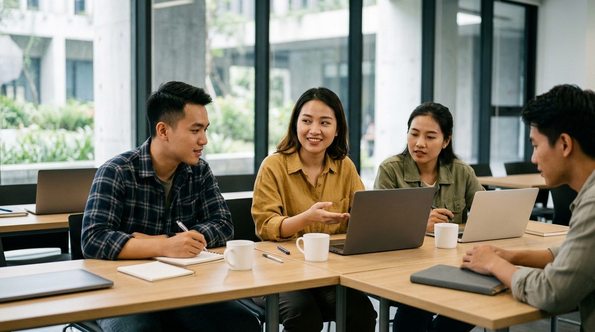 Sinh viên học nhóm trong lớp học hiện đại (ảnh minh hoạ)