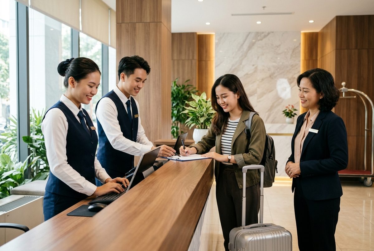 Sinh viên quản trị khách sạn thực hành nghiệp vụ lễ tân (ảnh minh hoạ)